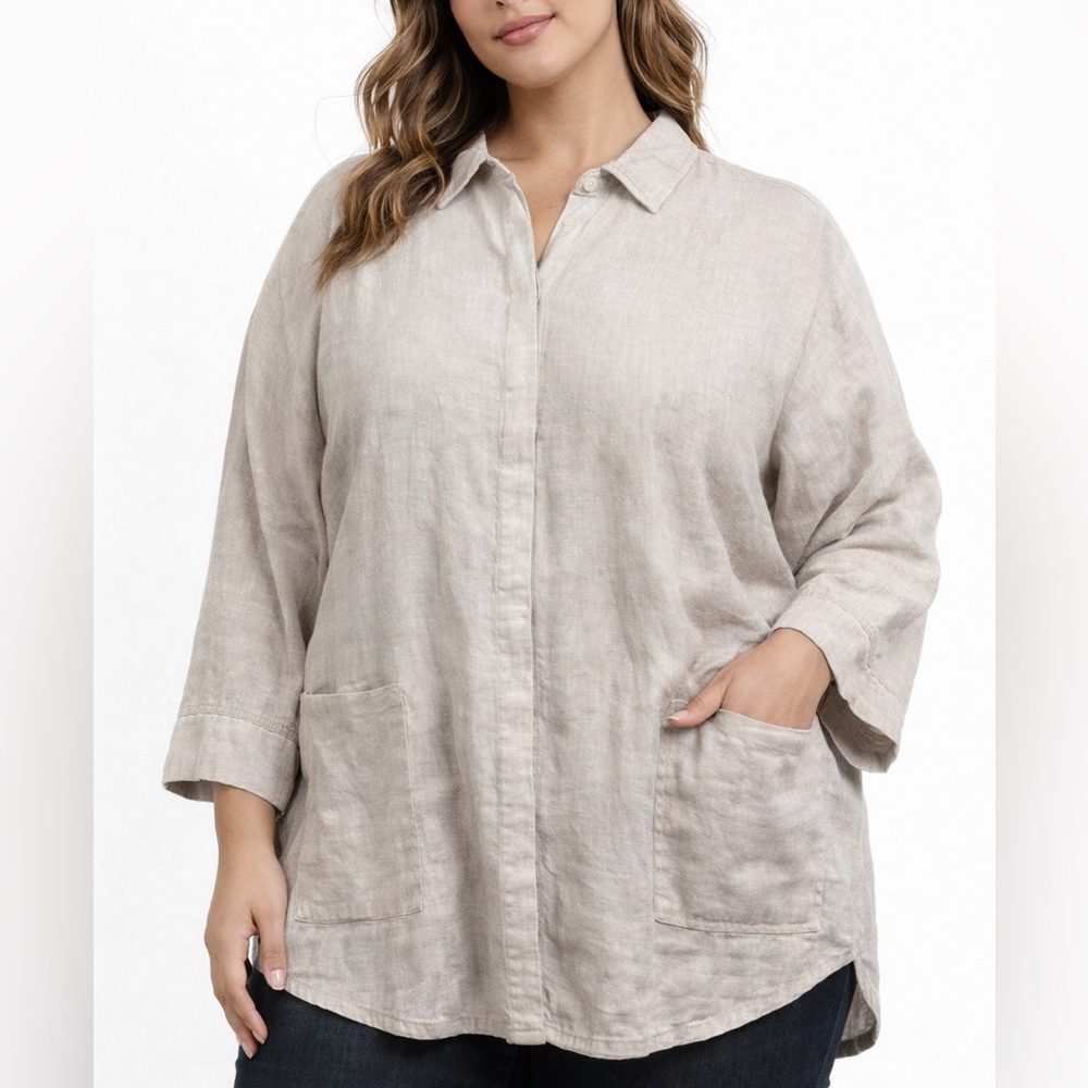 Toni T. 3X Plus 100% Linen Button Front Cream Blouse Lagenlook